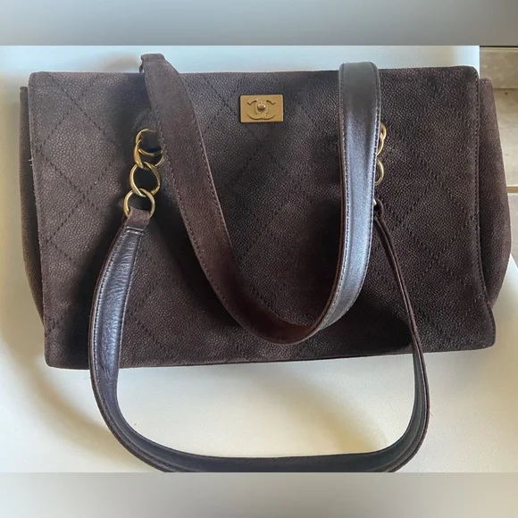 RARE~Chanel Suede Calfskin Antique Gold Metal Brown Shoulder Bag - Picture 4 of 10